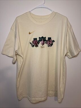 Nike LeBron Max90 Men’s Cream Floral Swoosh Tee with Burgundy Rose Graphic